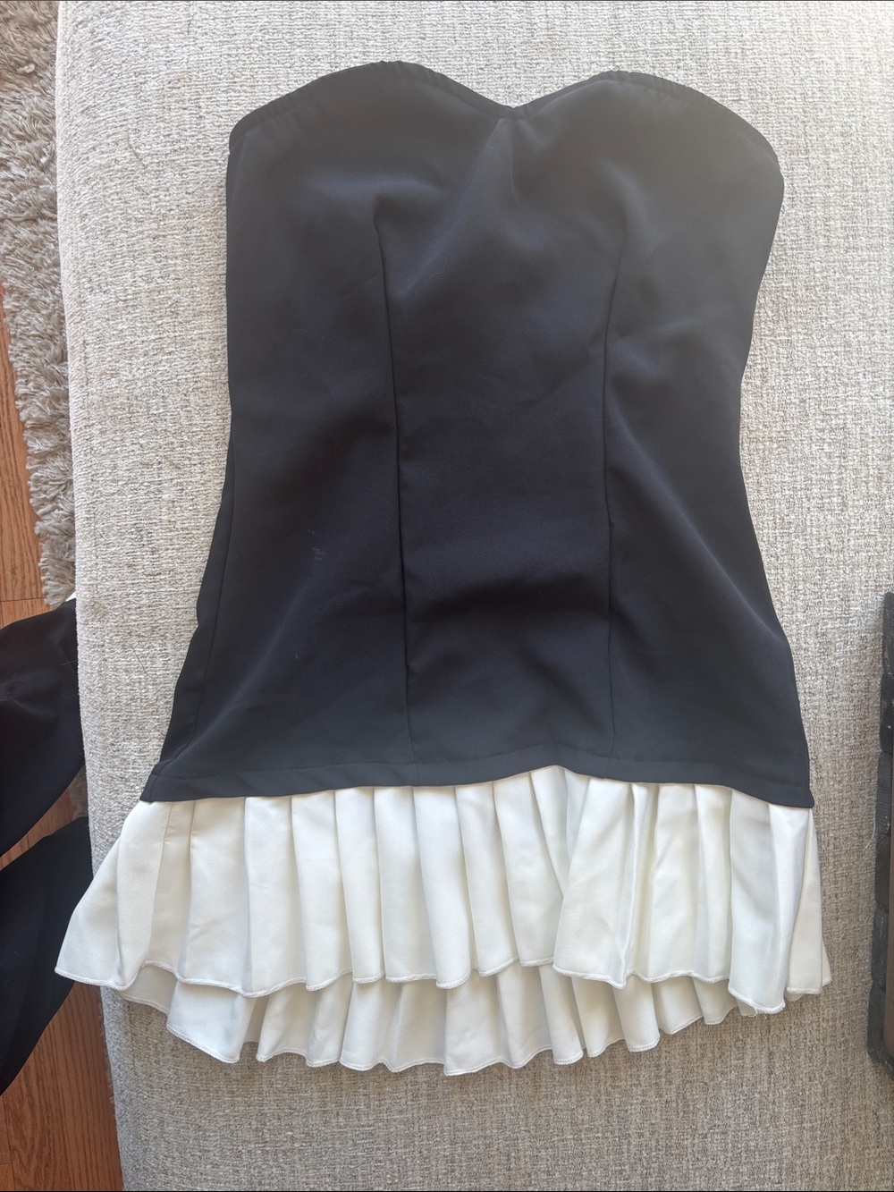 Muse Black Strapless Dress with White Pleated High-Low Hem